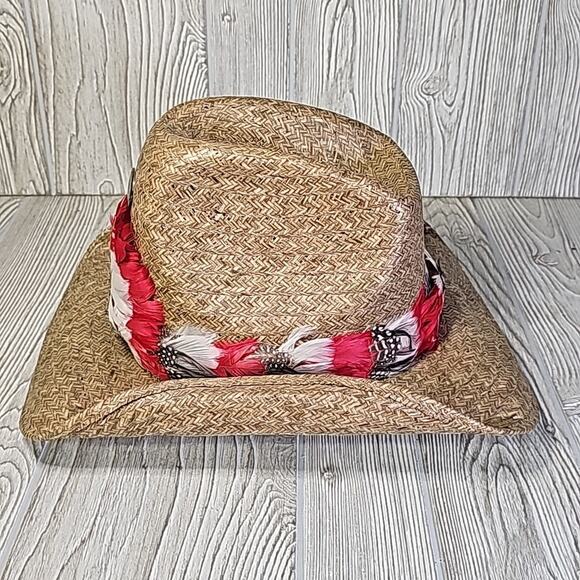 Bronco Buster Feather Cowboy Western Straw Hat - Picture 5 of 7